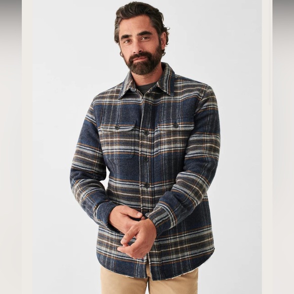 Faherty High Pile Fleece CPO Sherpa Lined Shacket in Navy Summit Plaid - Medium